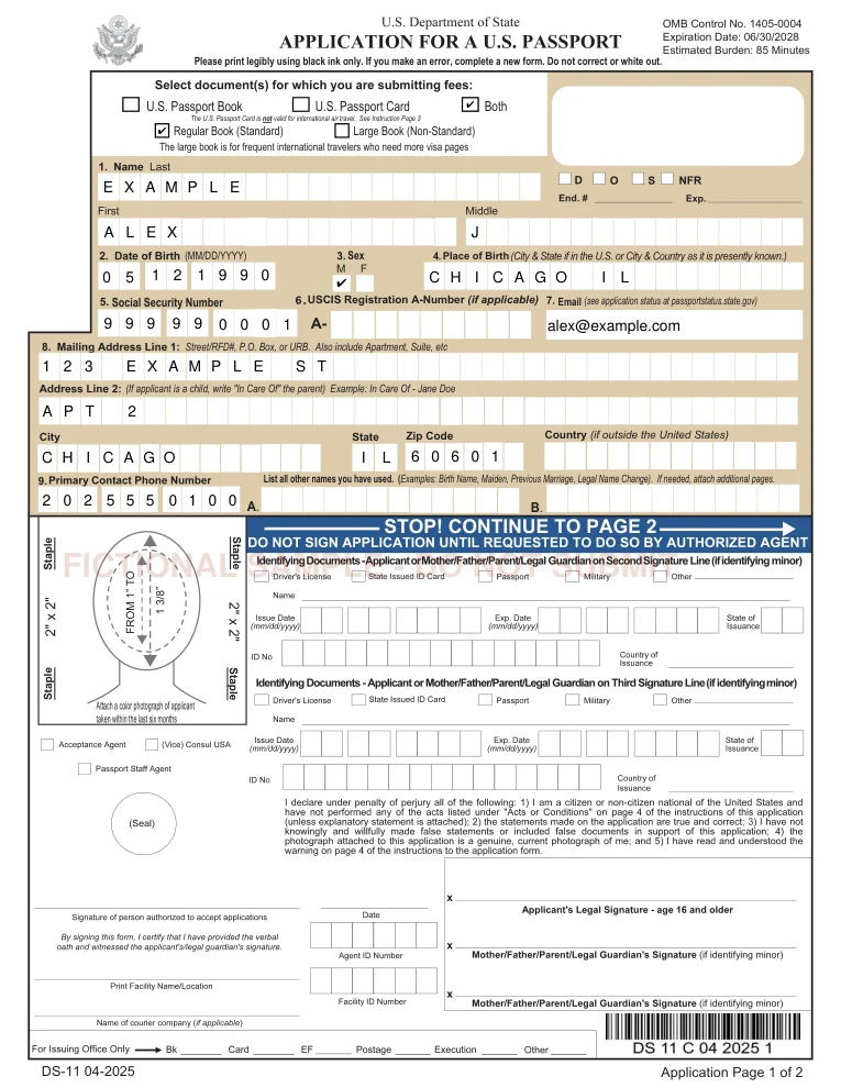 Fictional DS-11 application with sample watermark