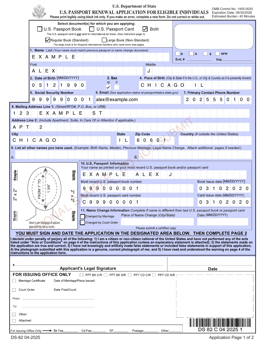 Fictional DS-82 application page with Alex Example details and a sample watermark