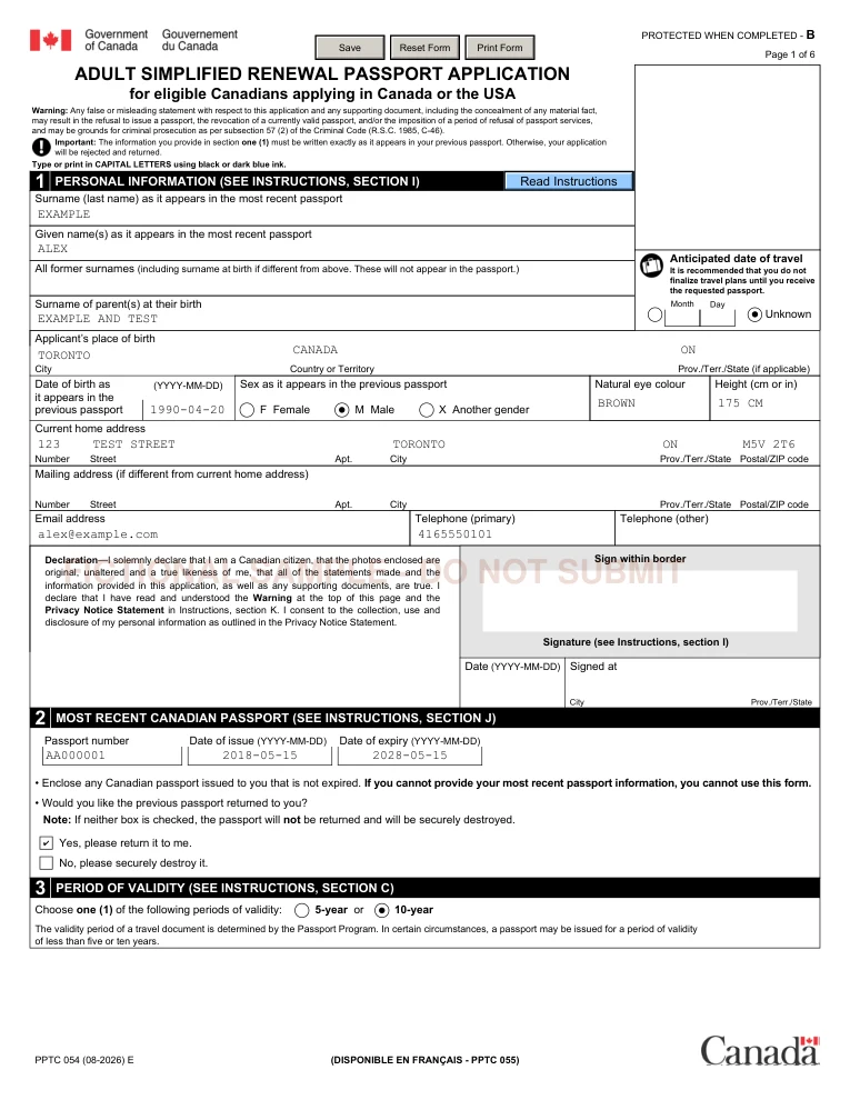 Fictional PPTC-054 application with sample watermark
