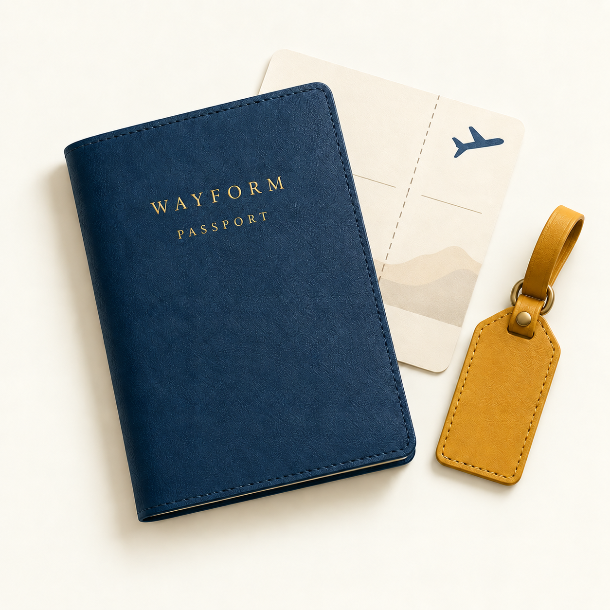 Blue Wayform passport, boarding card and luggage tag